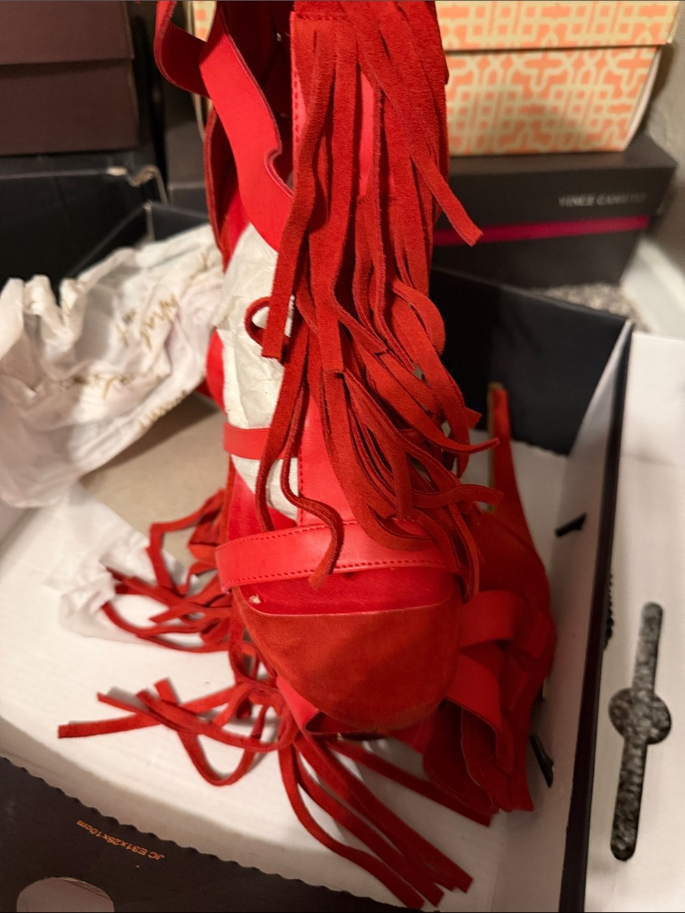 bebe Red Suede Fringe High Heel Sandals